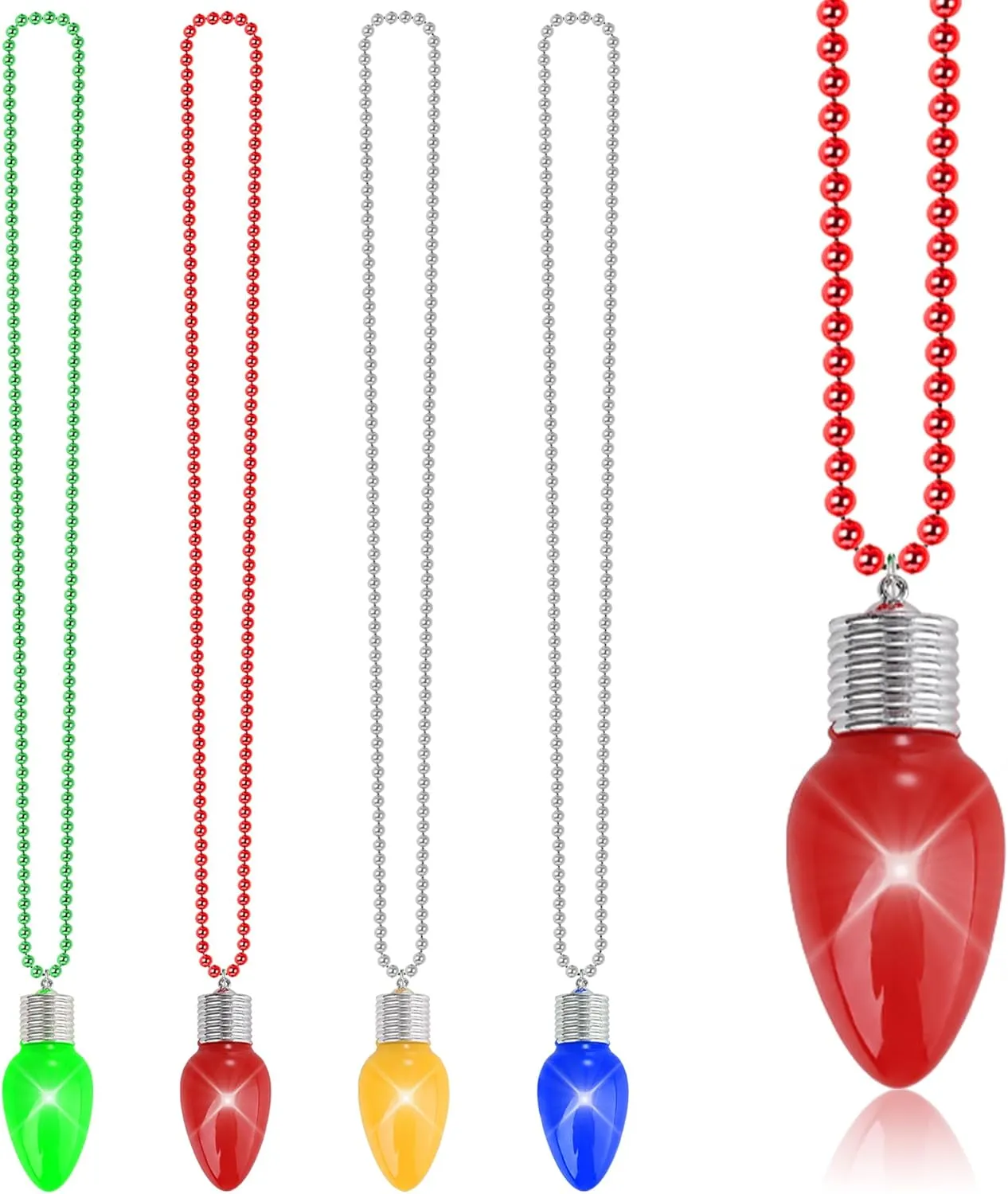 4PCS Christmas Light Necklace, Glow Christmas Necklace with Bulb Pendent, Red Yellow Green Blue 3 Modes Xmas Necklace Bulk, 3D Christmas Necklace Accessories for Ugly Sweater New Year Family Party