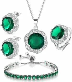 4pcs Set large size Zirconia Flower Pendant Necklace Earrings Ring Tennis Bracelet Set Silver Crystal Fashion Adjustable Jewelry for Women Wife Party Prom Wedding Gifts