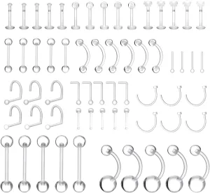55 PCS Clear Piercing Retainer Clear Lip Piercing Transparent Nose Rings for Work Plastic Earrings for Belly Button Ring Plastic Industrial Barbell Piercings Retainer Mix Style Kit for Lip