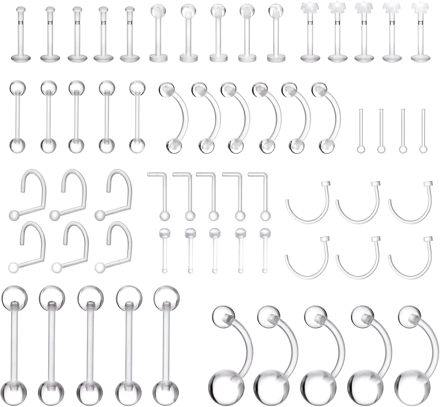 55 PCS Clear Piercing Retainer Clear Lip Piercing Transparent Nose Rings for Work Plastic Earrings for Belly Button Ring Plastic Industrial Barbell Piercings Retainer Mix Style Kit for Lip