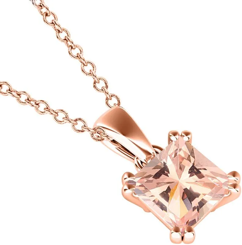 5mm to 10mm Princess Cut Created Morganite 14k Gold Over .925 Sterling Silver Double Prongs Pendant Necklace Valentine's Days for Women's