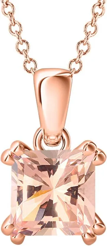 5mm to 10mm Princess Cut Created Morganite 14k Gold Over .925 Sterling Silver Double Prongs Pendant Necklace Valentine's Days for Women's