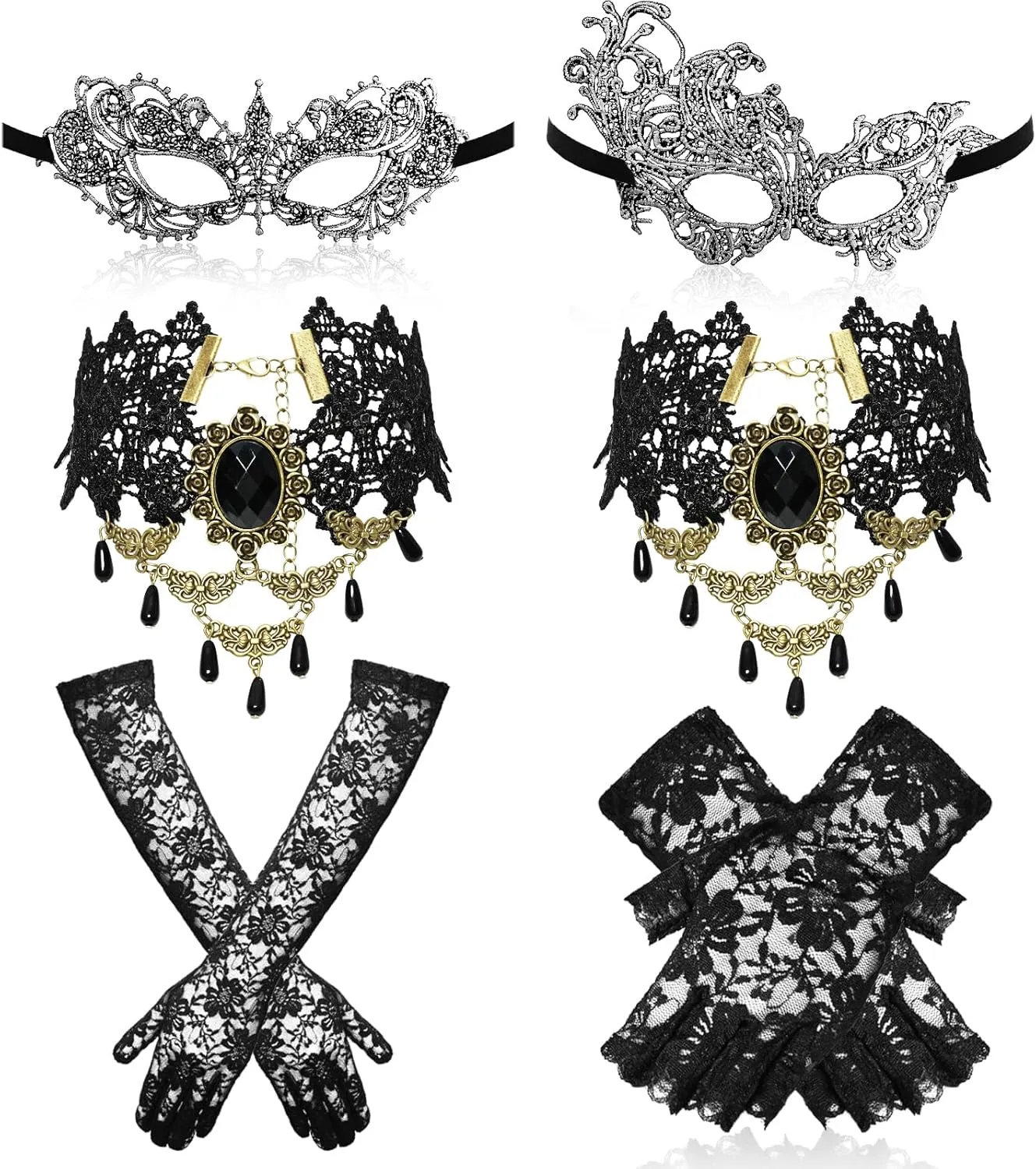 6 Pcs Masquerraders Mask Set Halloween Jewelry for Women Black Lace Eyemask Necklace Gloves Costume Accessories Party