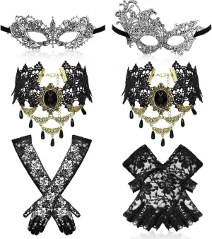 6 Pcs Masquerraders Mask Set Halloween Jewelry for Women Black Lace Eyemask Necklace Gloves Costume Accessories Party