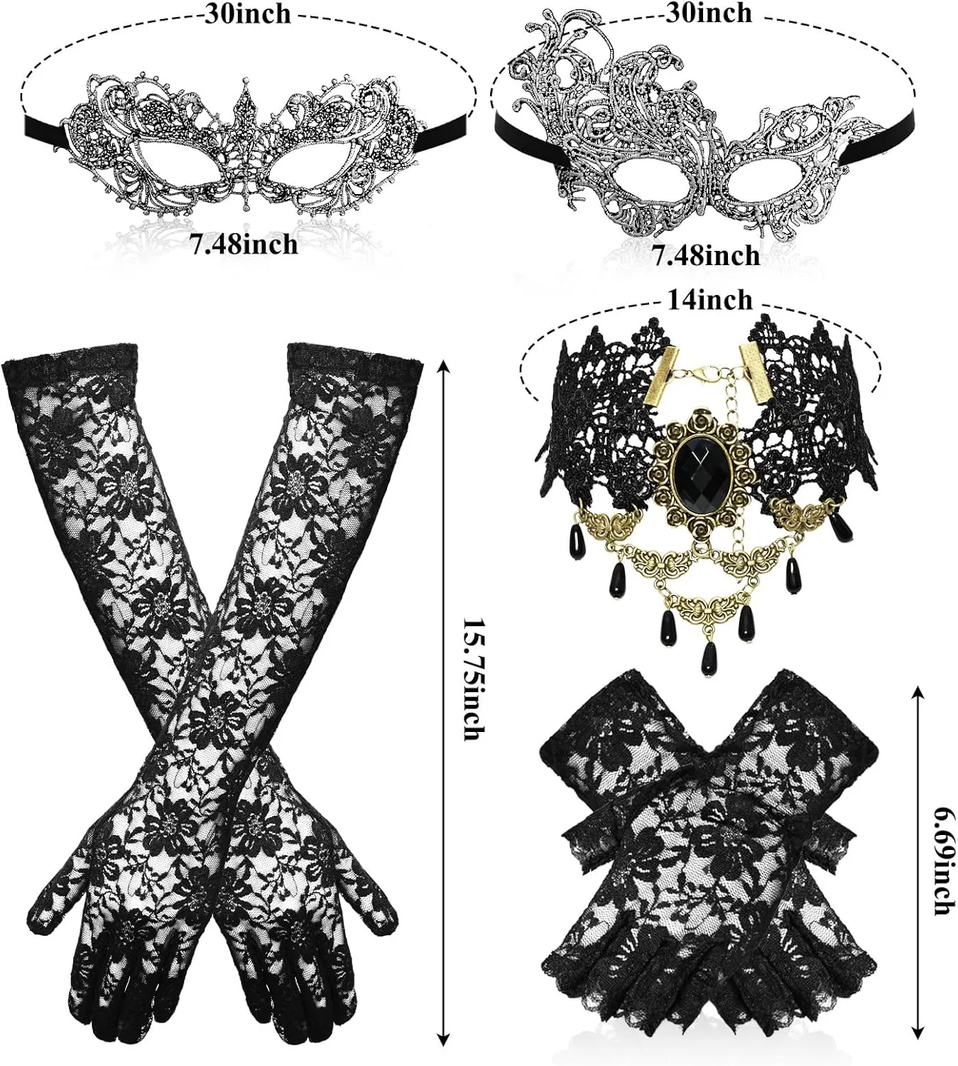 6 Pcs Masquerraders Mask Set Halloween Jewelry for Women Black Lace Eyemask Necklace Gloves Costume Accessories Party