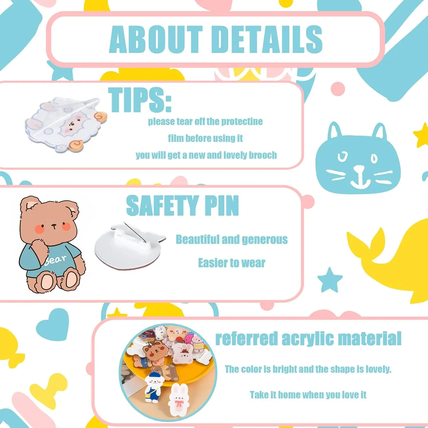 60/102 Pcs Acrylic Brooch Pins, Cute Backpack Pins, Backpack Beauty Pins for Bags, Hoodies, Hats, Coats Kawaii Accessories, Gifts for Girls Random Mixed Packaging