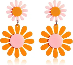 60s 70s Vintage Daisy Flower Earrings for Women Acrylic Retro Disco Hippie Earrings Boho Petal Layered Dangle Drop Earrings Jewelry Birthday Gift