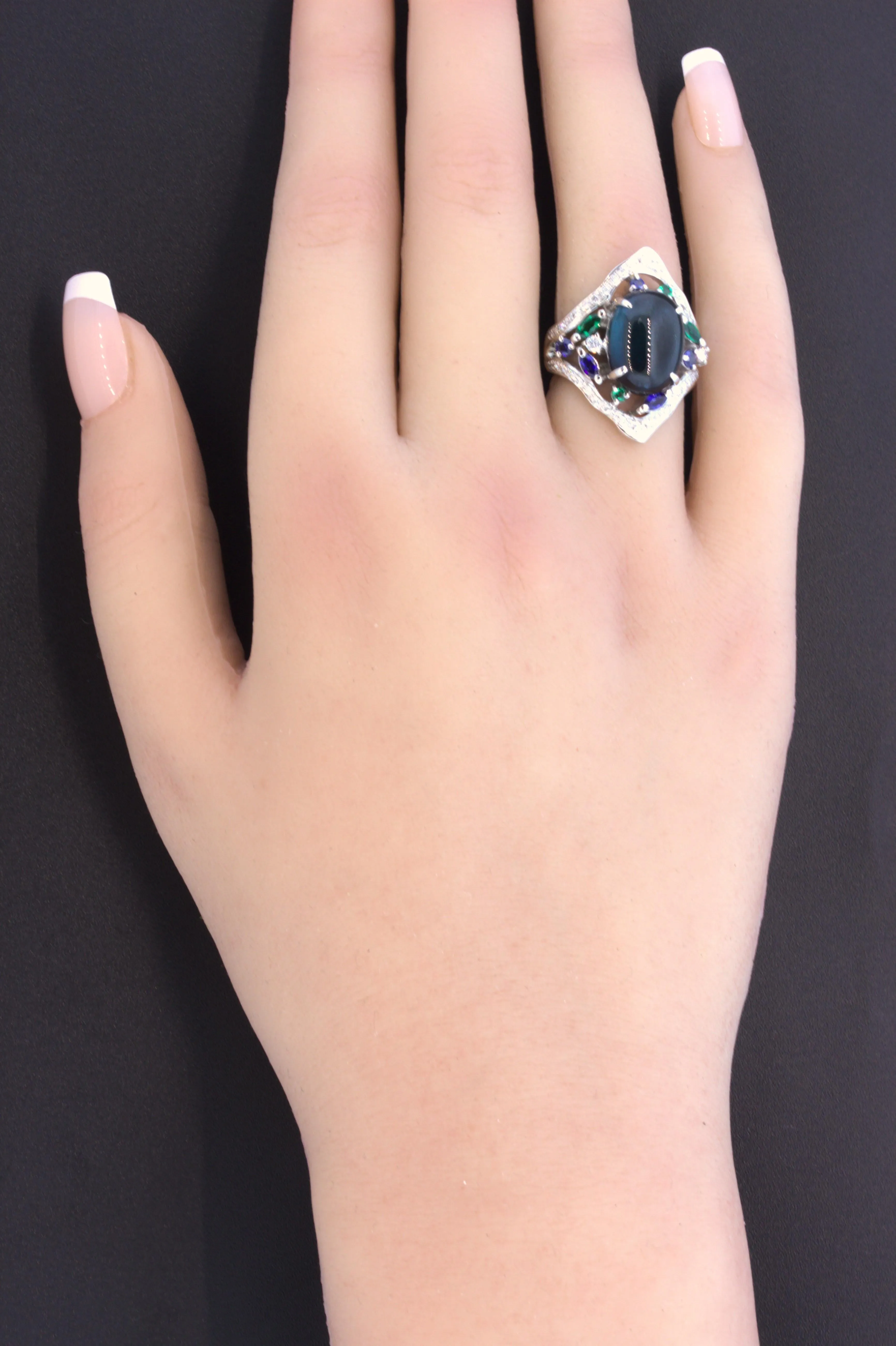 7.32 Carat Cabochon Indicolite Tourmaline Diamond Emerald Sapphire Platinum Ring
