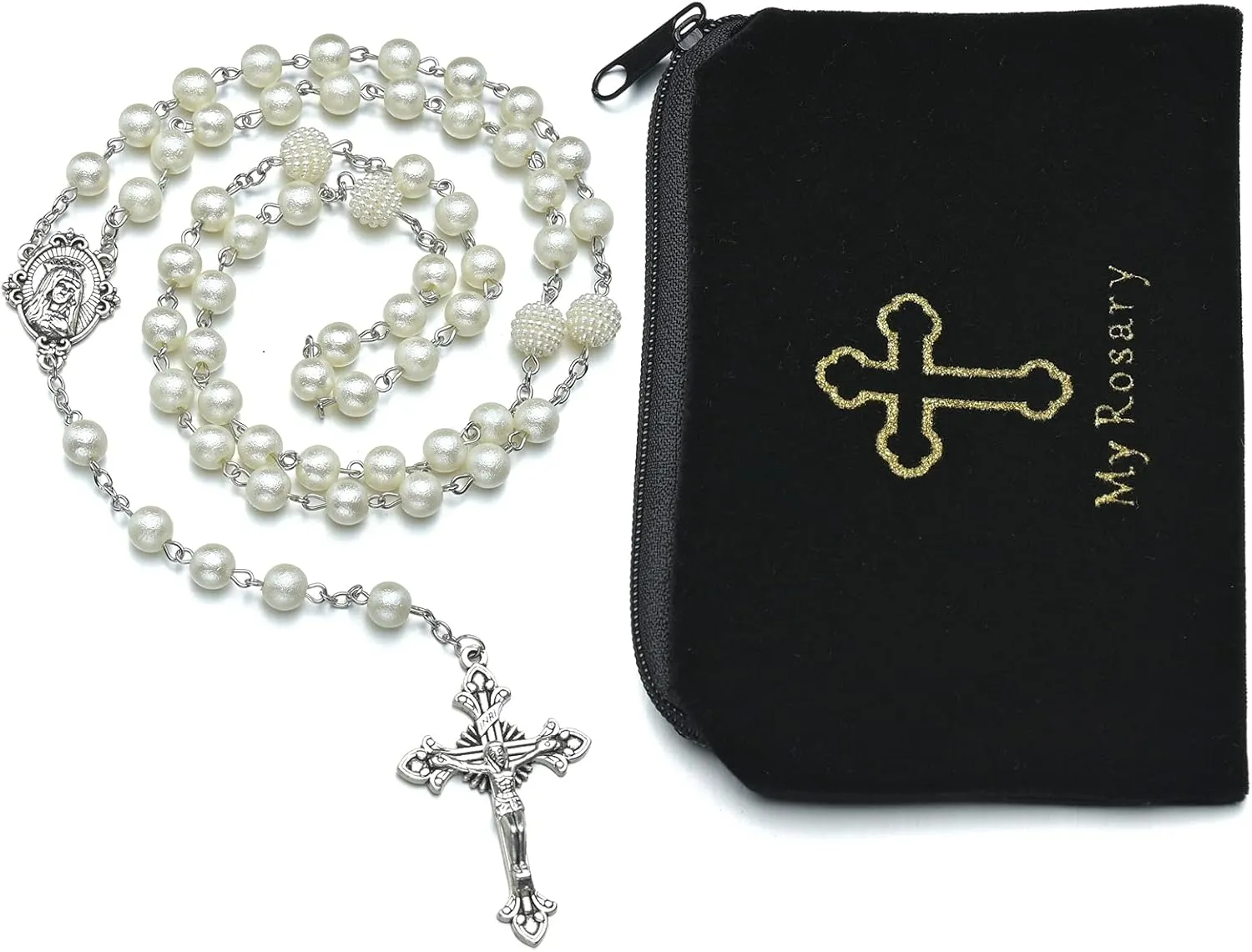 8mm Rosary Beads Necklace White Glass Pearl Catholic Prayer Alloy Cross Necklaces with Jesus Crucifix Fit for Girls Women Religious Gifts Rosaries(Customized velvet bag)