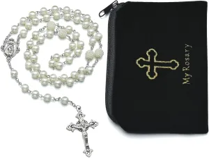 8mm Rosary Beads Necklace White Glass Pearl Catholic Prayer Alloy Cross Necklaces with Jesus Crucifix Fit for Girls Women Religious Gifts Rosaries(Customized velvet bag)