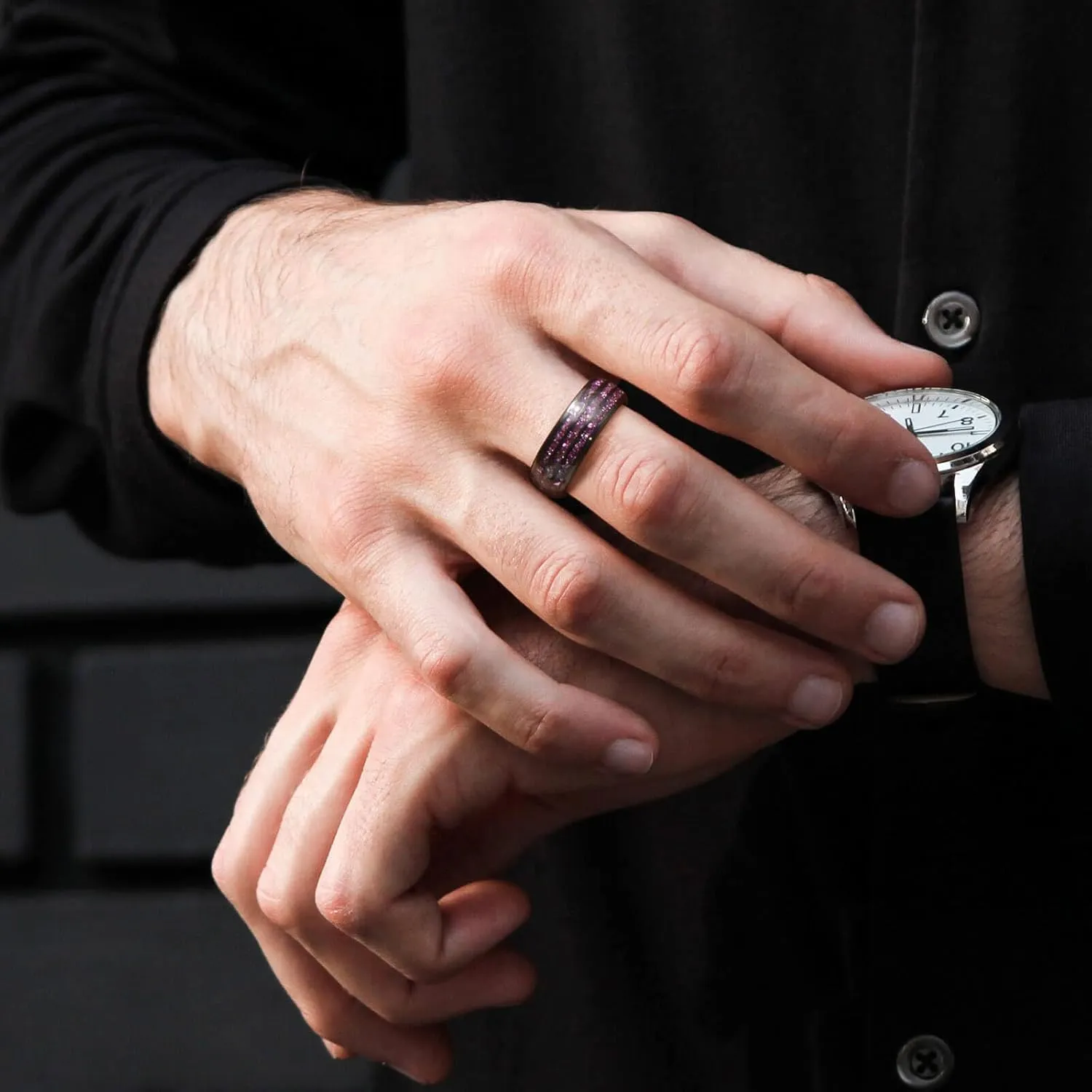 8MM Tungsten Men's Wedding Ring with Amethyst Stone, Black Dome Matte Finish, Sizes 7-14, Comes with Gift Box