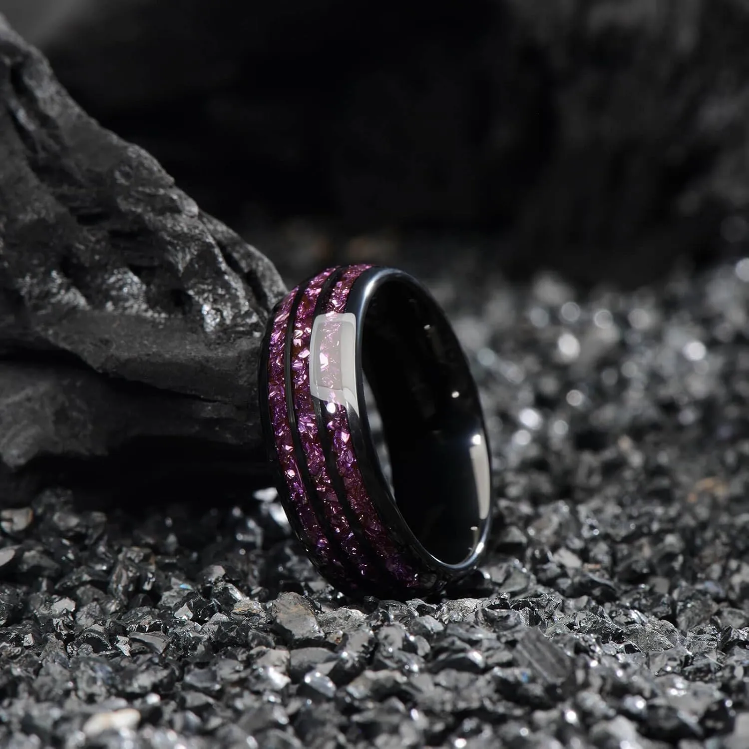 8MM Tungsten Men's Wedding Ring with Amethyst Stone, Black Dome Matte Finish, Sizes 7-14, Comes with Gift Box