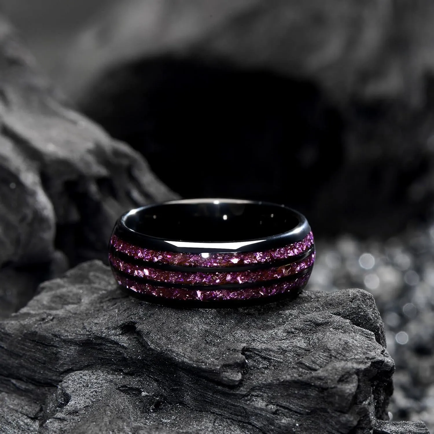 8MM Tungsten Men's Wedding Ring with Amethyst Stone, Black Dome Matte Finish, Sizes 7-14, Comes with Gift Box