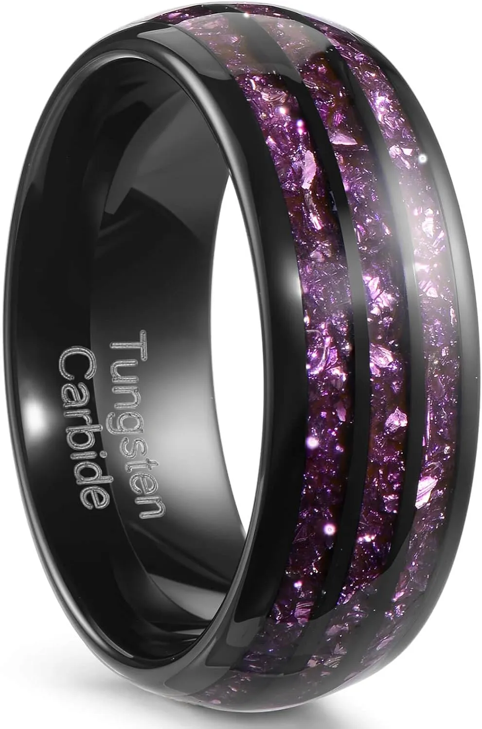 8MM Tungsten Men's Wedding Ring with Amethyst Stone, Black Dome Matte Finish, Sizes 7-14, Comes with Gift Box