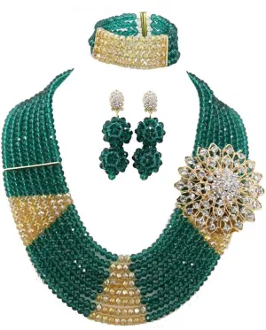 8Rows Green and Gold African Crystal Beads Jewelry Set,Nigerian Crystal Bridal Necklace