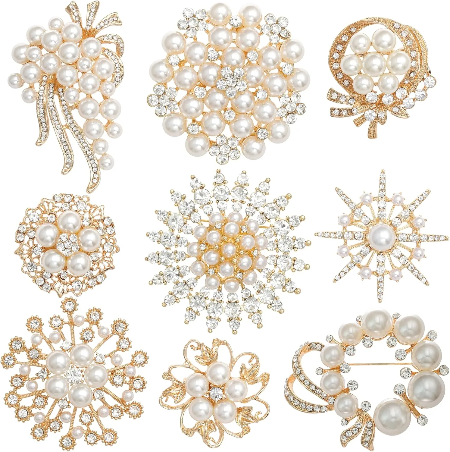 9 Pack Gold Crystal Rhinestone Flower Brooch Pin Set for DIY Wedding Party Bouquets Embellishment Crafts Decor