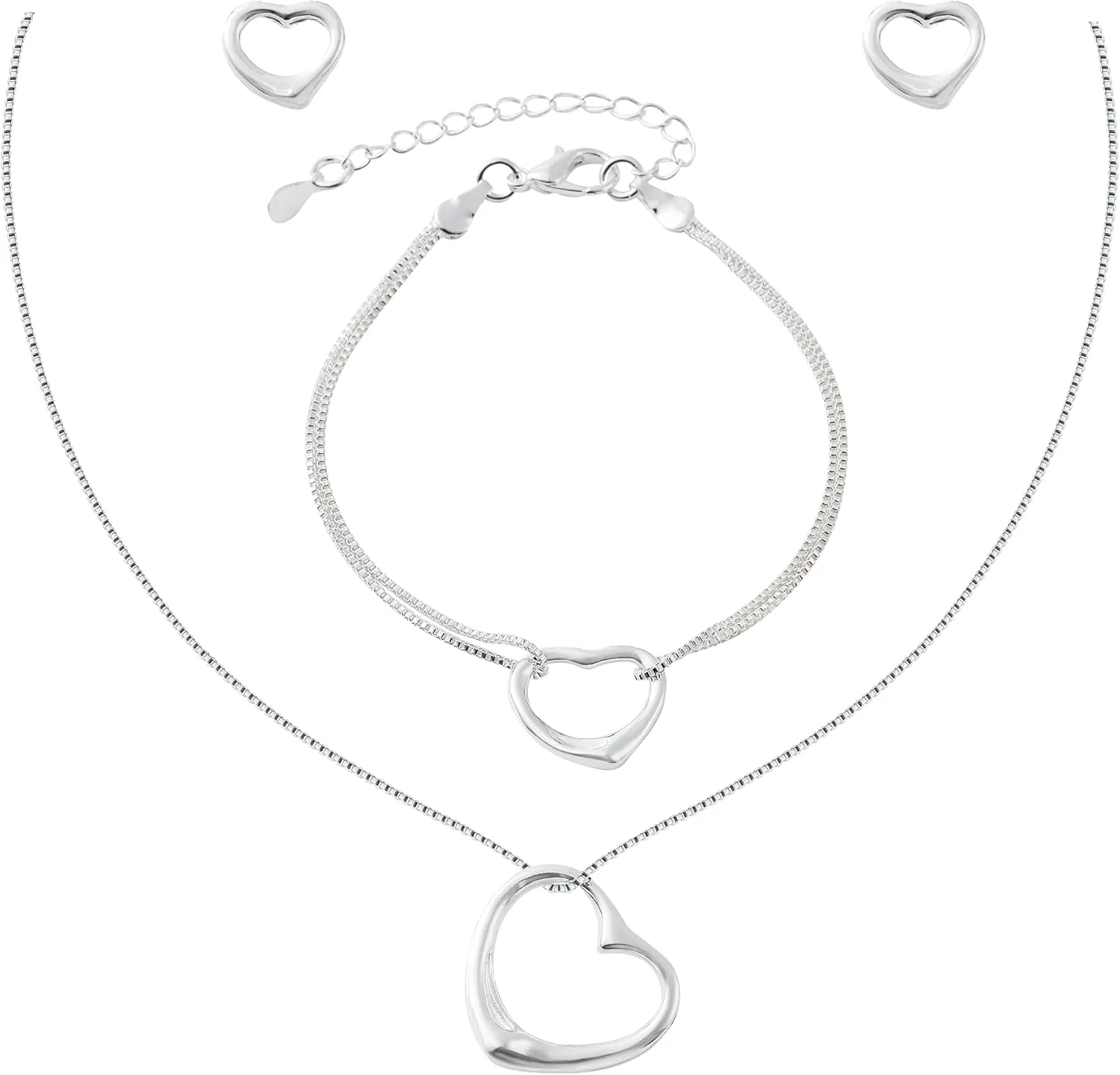 925 Silver Plated Heart Jewelry Set Elegant Heart Earrings Necklace Bracelet Set for Women Hypoallergenic Jewelry Gift for Her