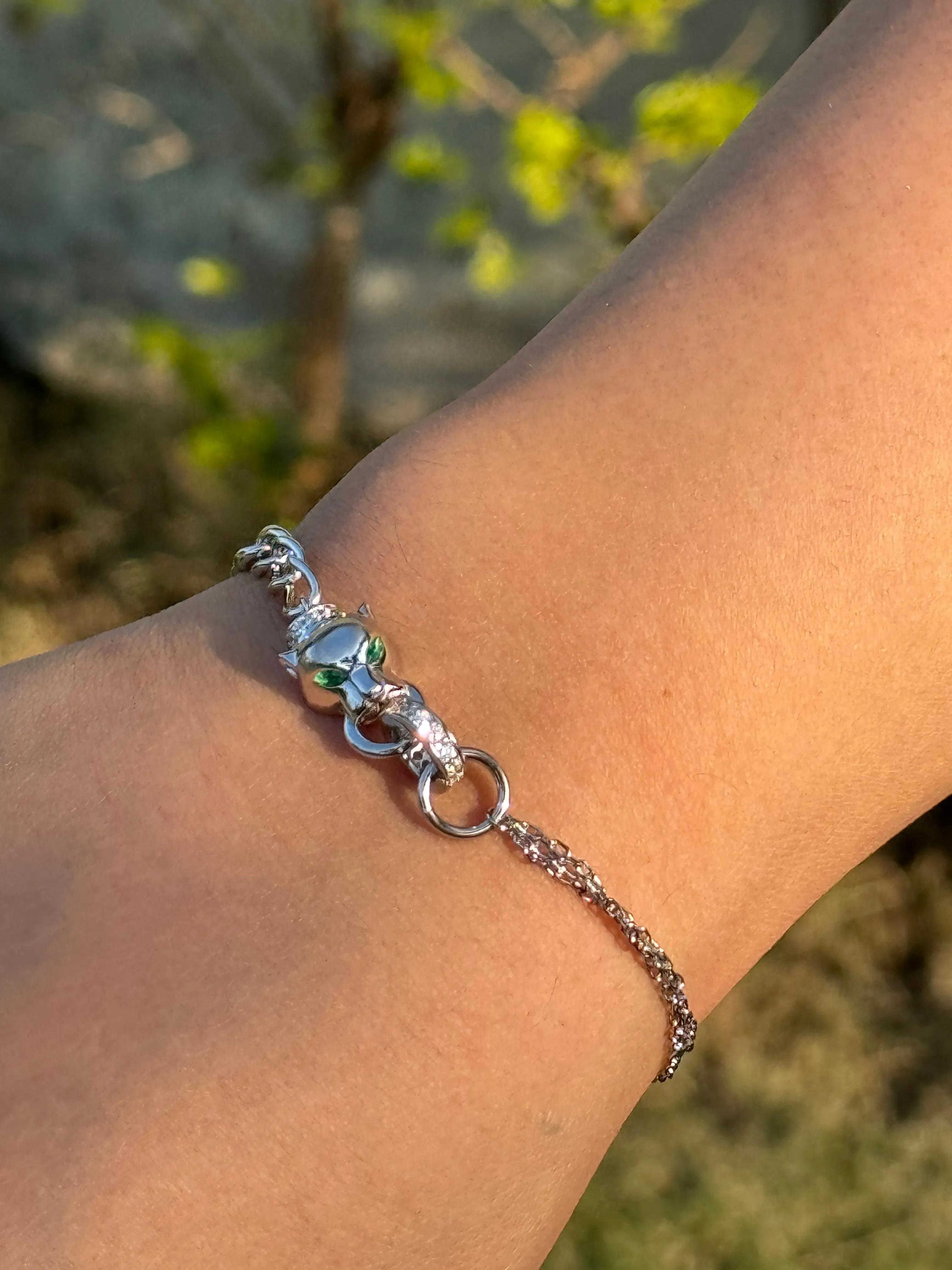 92.5 Silver Silver Panther Green Eyes Bracelet