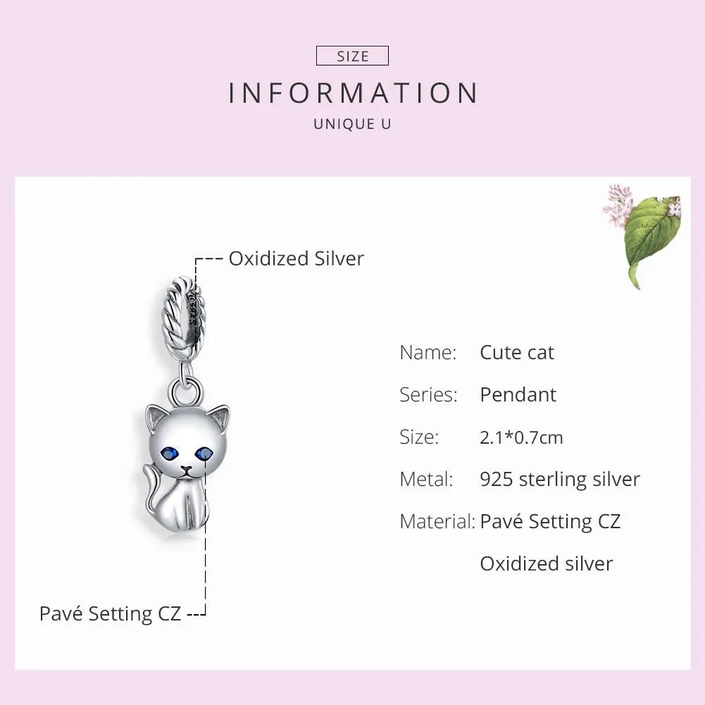 925 Sterling Silver Adorable Cat Pendant For Diy Bracelets & Necklaces