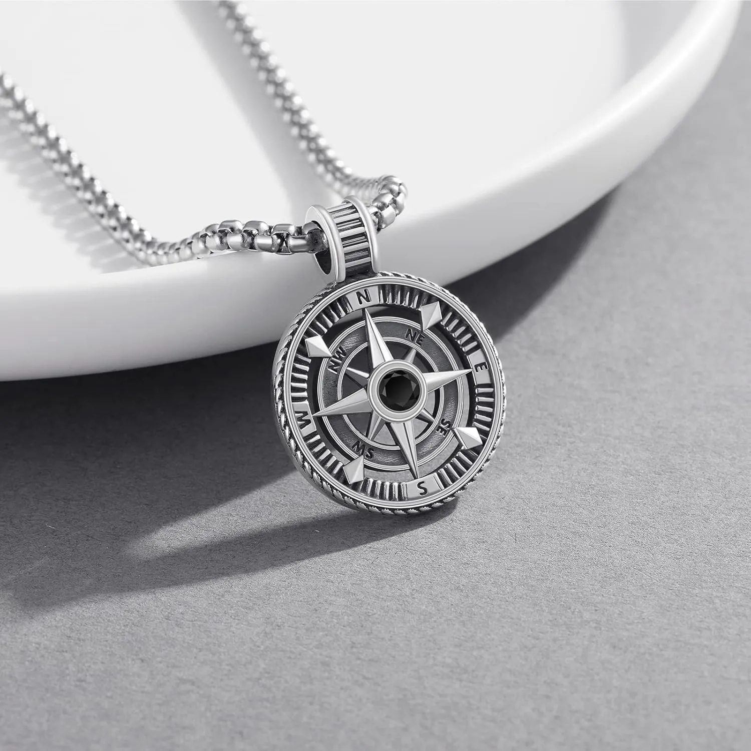 925 Sterling Silver Compass Pendant Necklace with Stainless Steel Chain