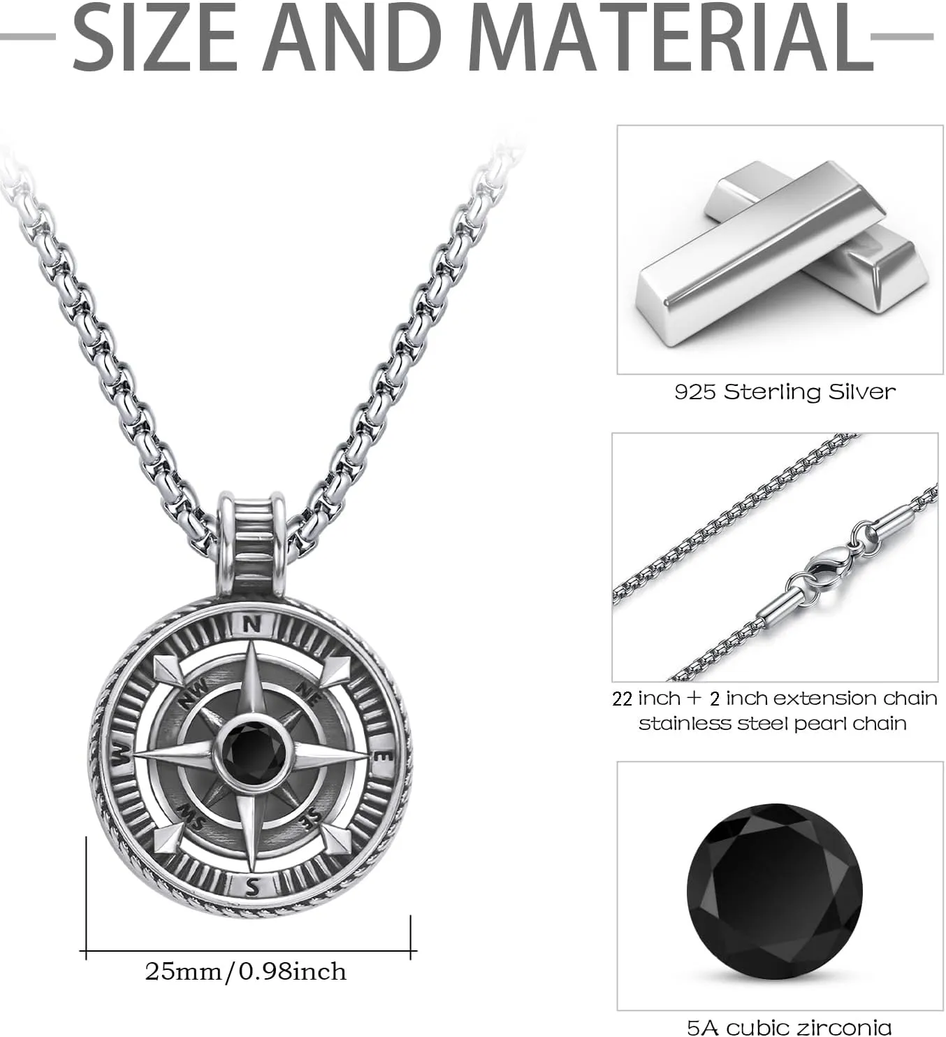 925 Sterling Silver Compass Pendant Necklace with Stainless Steel Chain
