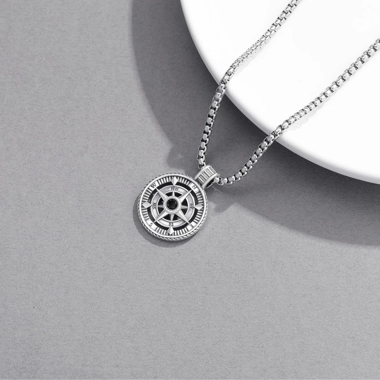 925 Sterling Silver Compass Pendant Necklace with Stainless Steel Chain