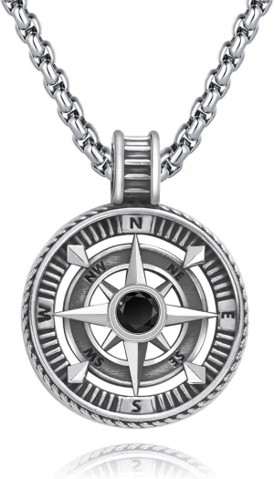 925 Sterling Silver Compass Pendant Necklace with Stainless Steel Chain