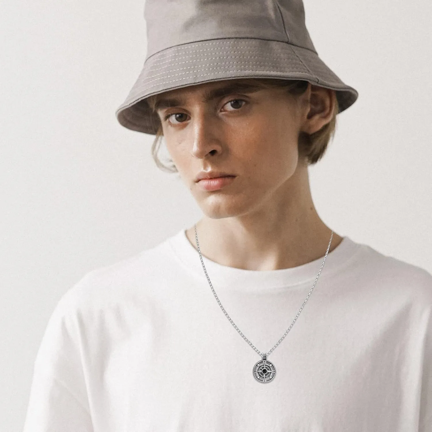 925 Sterling Silver Compass Pendant Necklace with Stainless Steel Chain