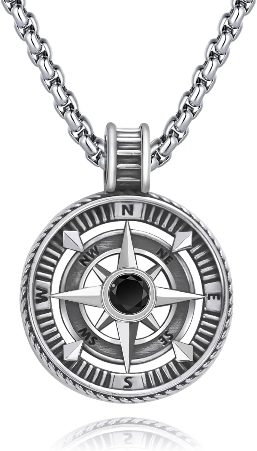 925 Sterling Silver Compass Pendant Necklace with Stainless Steel Chain