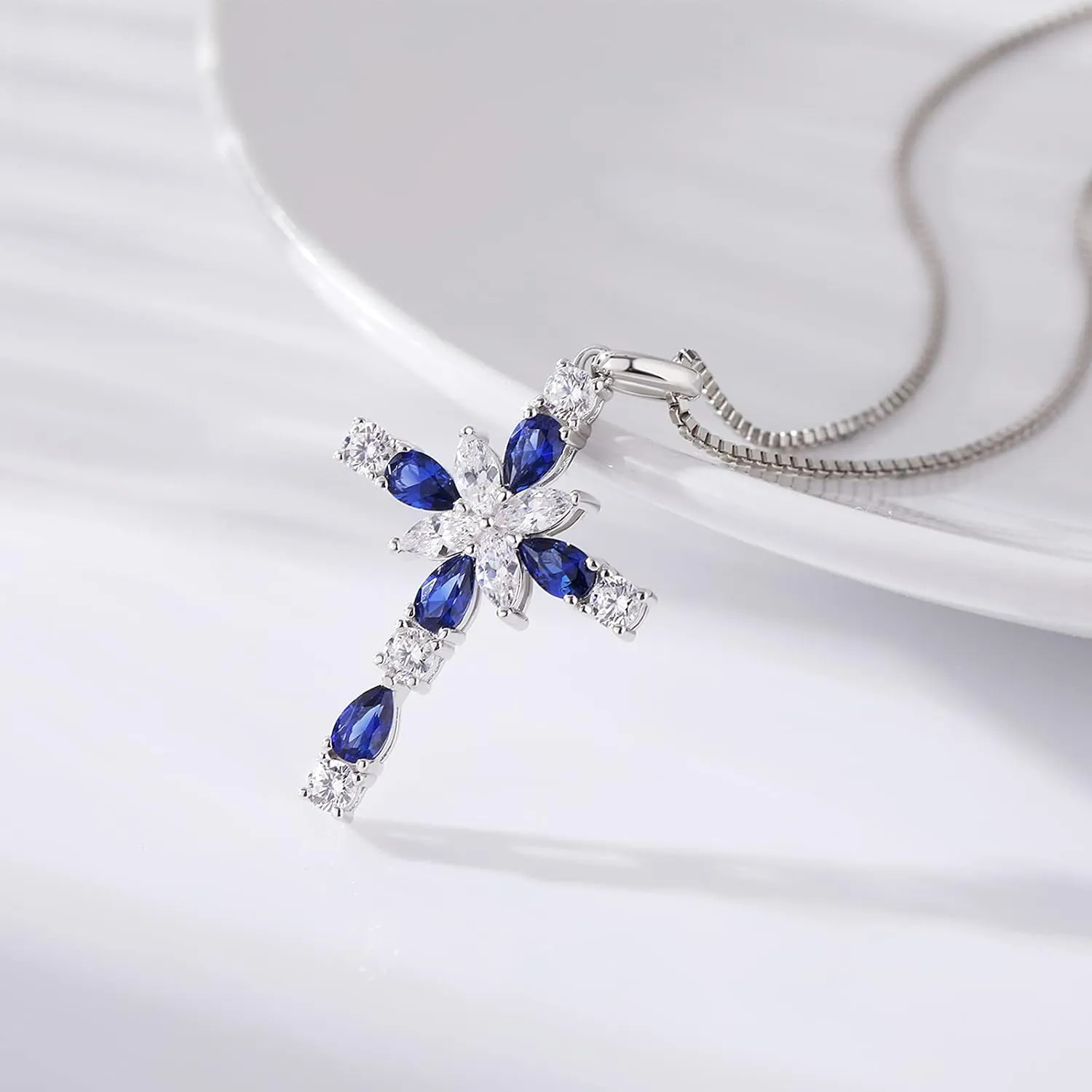 925 Sterling Silver Cross Necklace for WomenBirthday Delicate Star Cross Necklace Jewelry Gifts for WomenBirthstone Religious Jewelry for Mom, Chain 18 inch