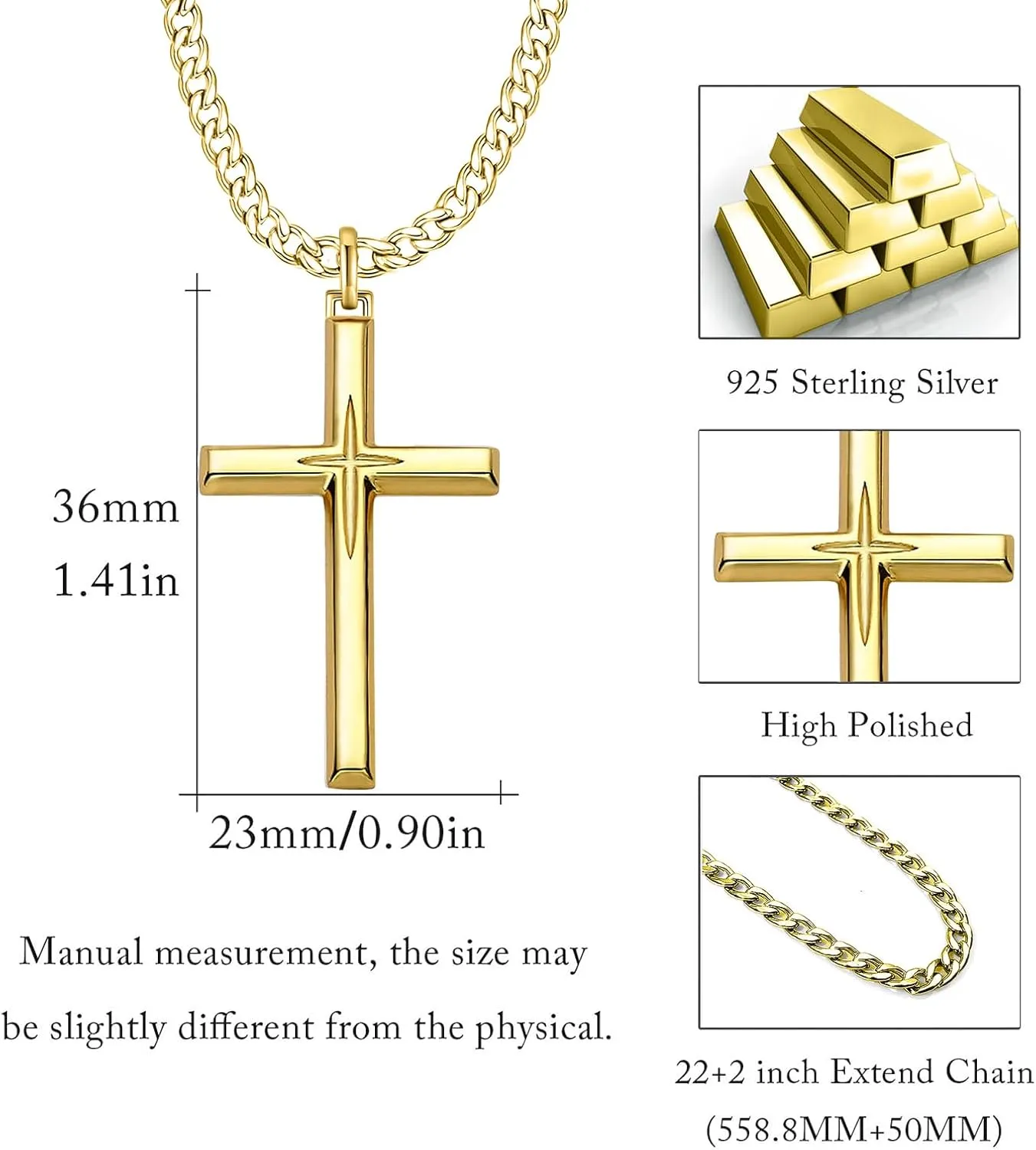 925 Sterling Silver Cross Pendant Necklace with Stainless Steel Chain 22" 2"