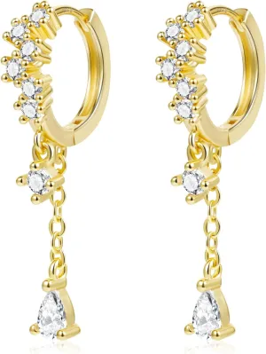925 Sterling Silver Drop Dangle Earrings Cubic Zirconia Teardrop Hoop Dangle Earrings for Women 14K Goldplated Hypoallergenic Elegant Drop Water CZ Dangle Chain Huggie Earring Jewelry