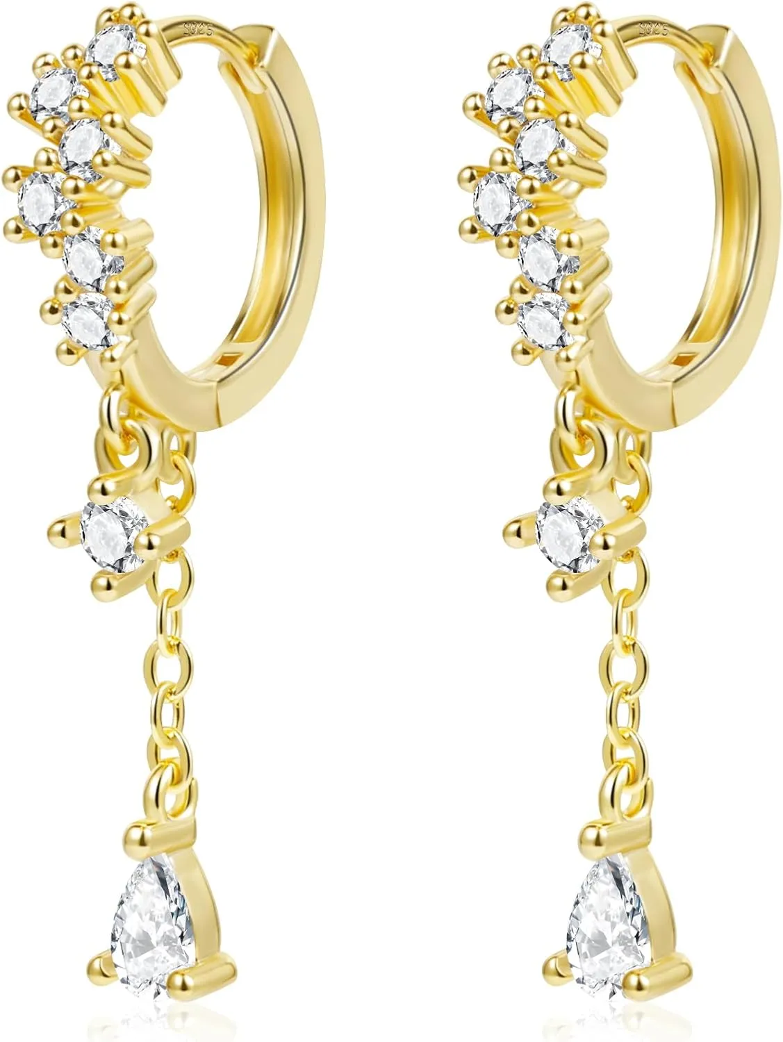 925 Sterling Silver Drop Dangle Earrings Cubic Zirconia Teardrop Hoop Dangle Earrings for Women 14K Goldplated Hypoallergenic Elegant Drop Water CZ Dangle Chain Huggie Earring Jewelry
