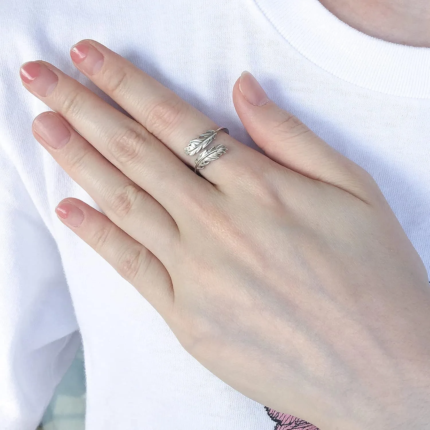 925 Sterling Silver feather Rings Feather Inspirational Jewelry Ring Adjustable Dainty Wrap Open Rings for Women
