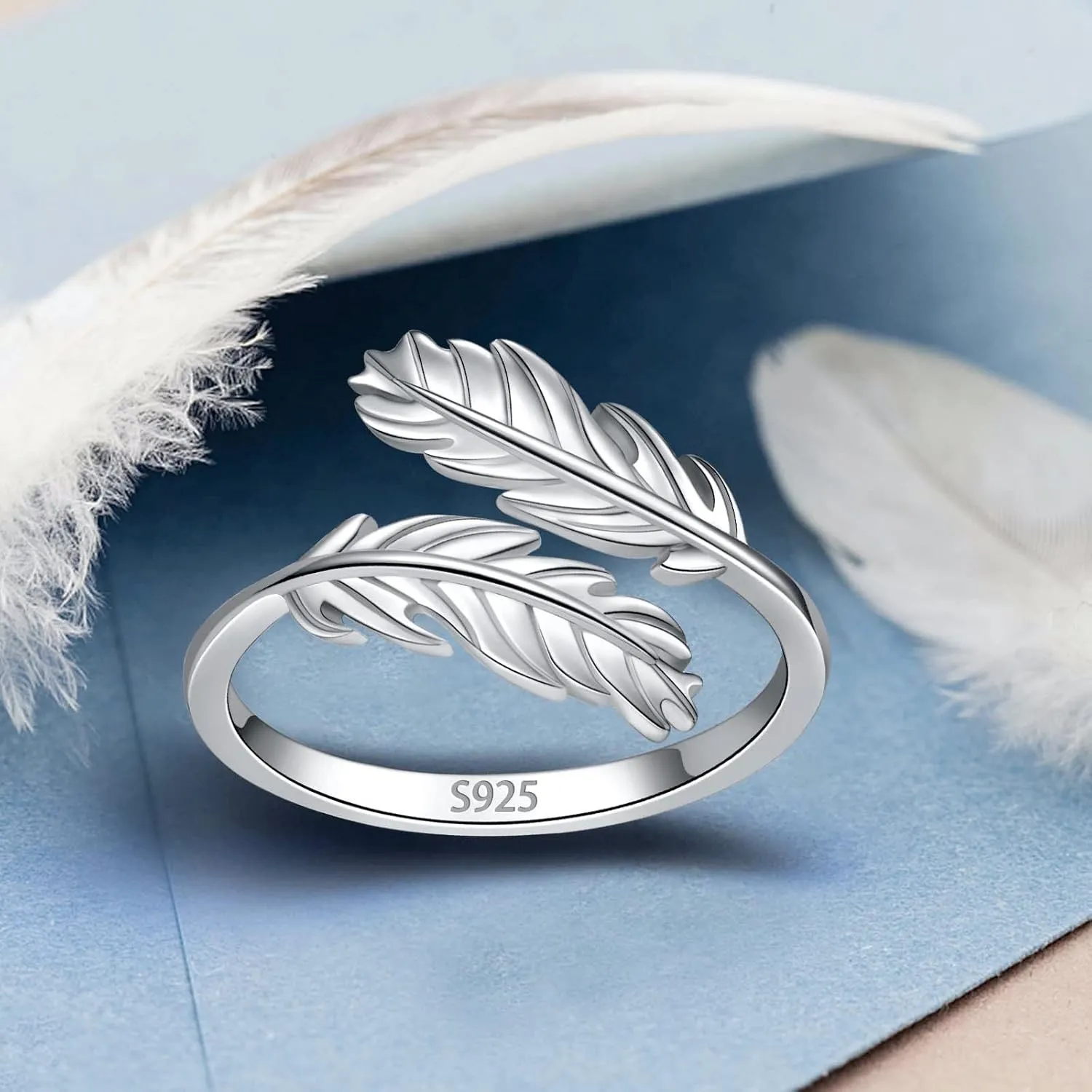925 Sterling Silver feather Rings Feather Inspirational Jewelry Ring Adjustable Dainty Wrap Open Rings for Women