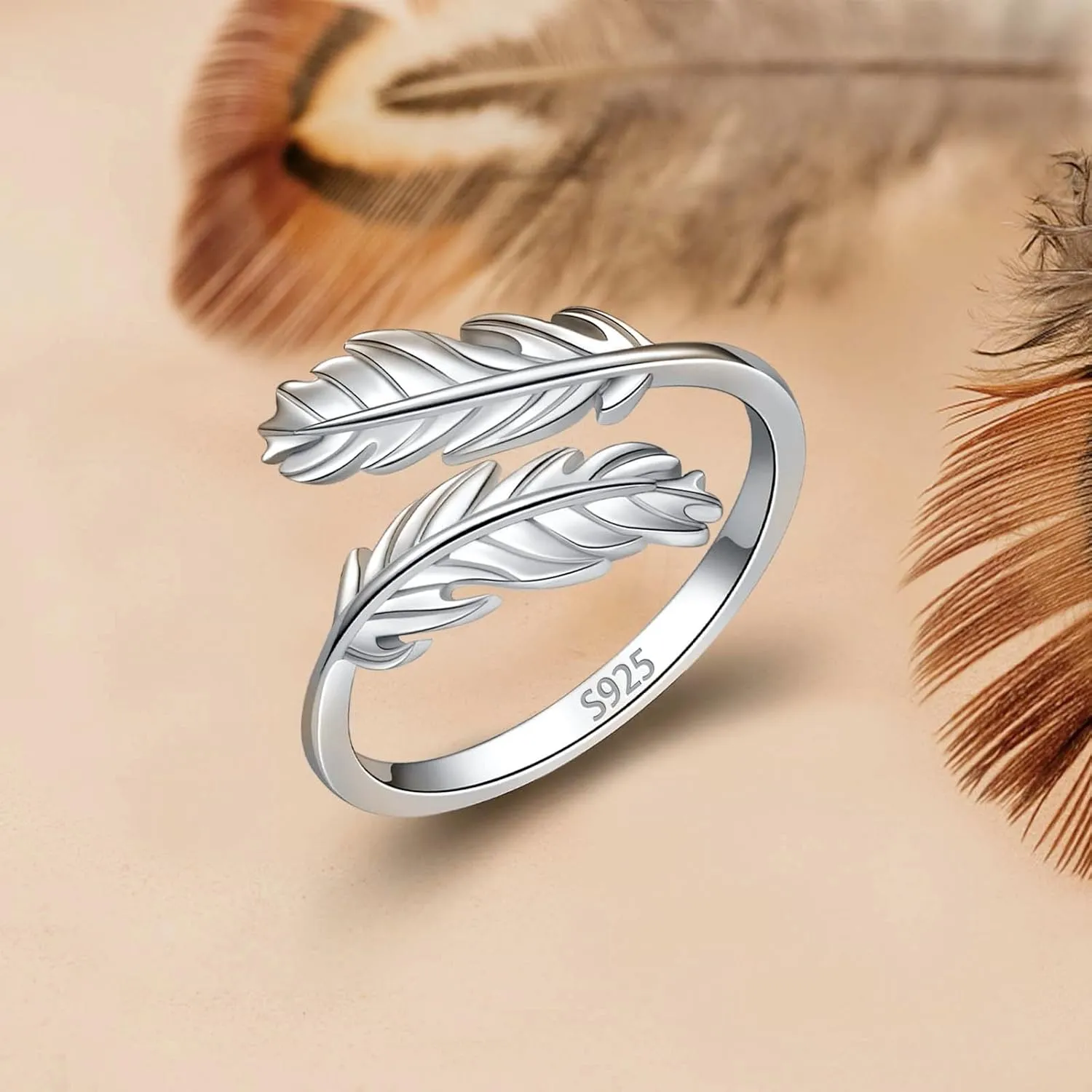 925 Sterling Silver feather Rings Feather Inspirational Jewelry Ring Adjustable Dainty Wrap Open Rings for Women
