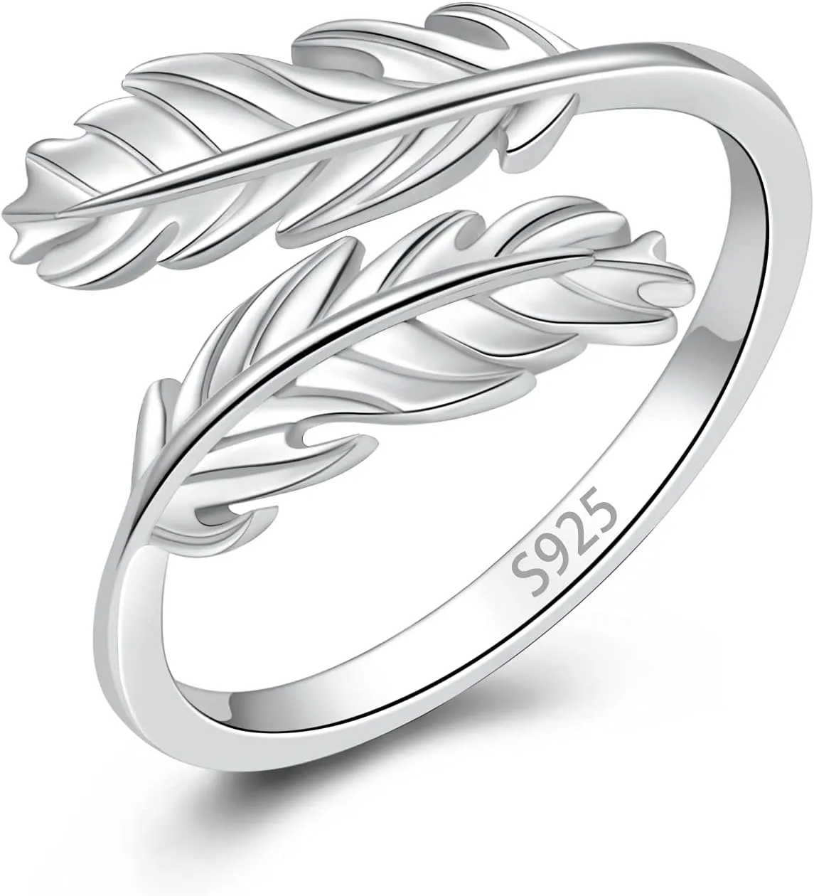 925 Sterling Silver feather Rings Feather Inspirational Jewelry Ring Adjustable Dainty Wrap Open Rings for Women