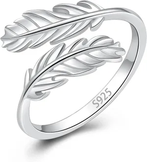 925 Sterling Silver feather Rings Feather Inspirational Jewelry Ring Adjustable Dainty Wrap Open Rings for Women