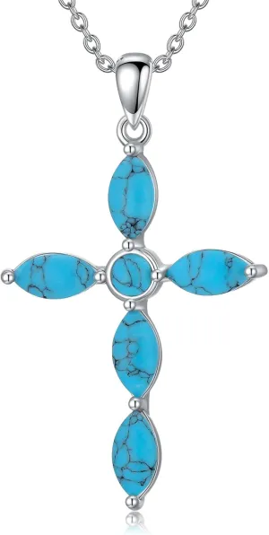 925 Sterling Silver Genuine Turquoise Pendant Necklace Cross Necklace Vintage Boho Necklace Victorian Style Jewelry Gifts for Women Mother