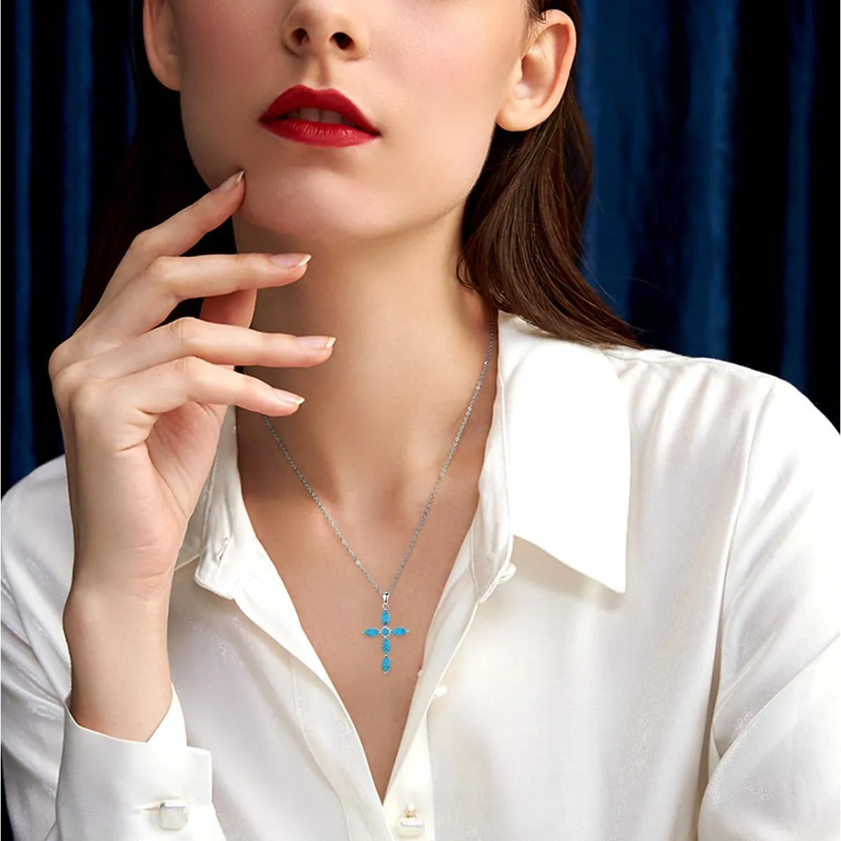 925 Sterling Silver Genuine Turquoise Pendant Necklace Cross Necklace Vintage Boho Necklace Victorian Style Jewelry Gifts for Women Mother