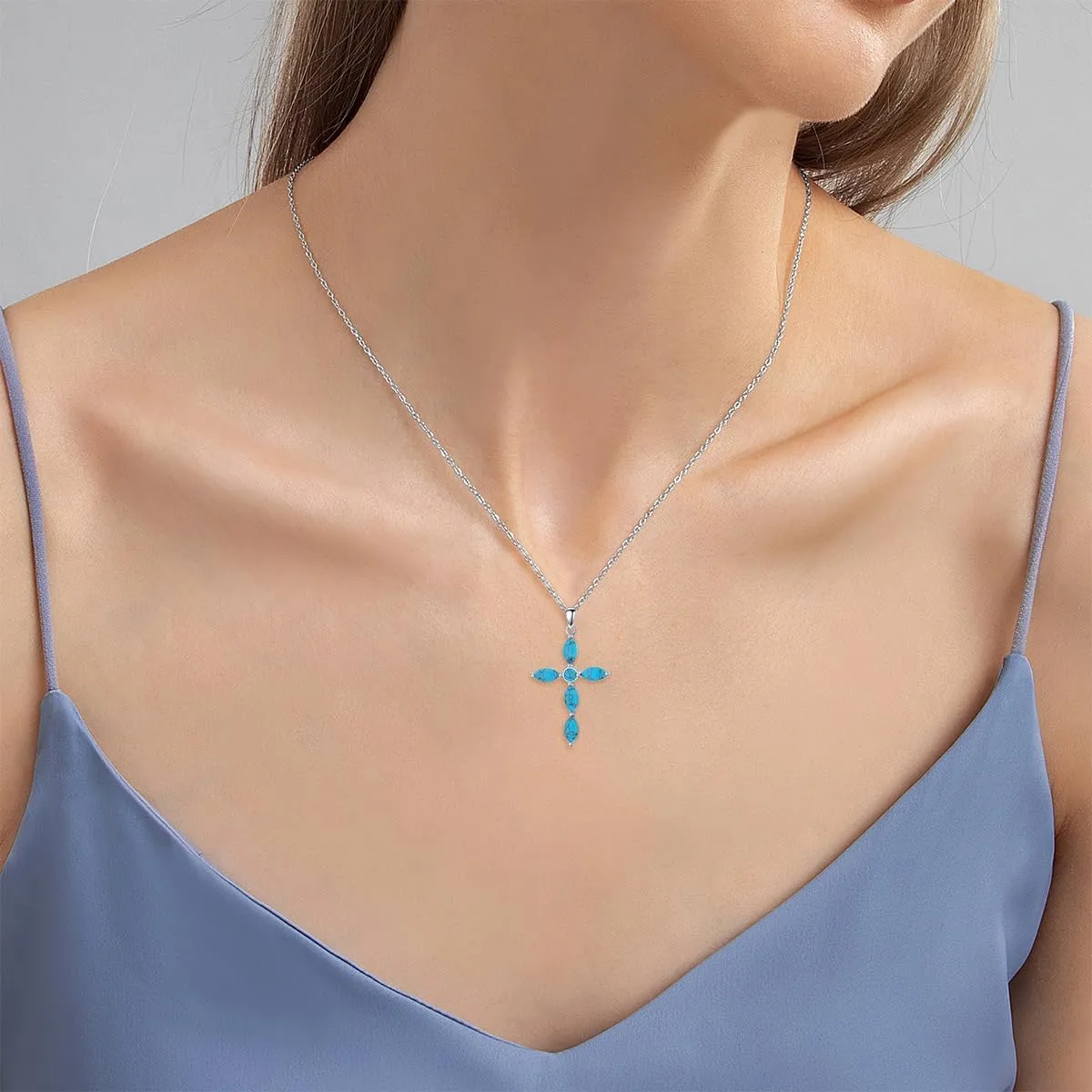 925 Sterling Silver Genuine Turquoise Pendant Necklace Cross Necklace Vintage Boho Necklace Victorian Style Jewelry Gifts for Women Mother