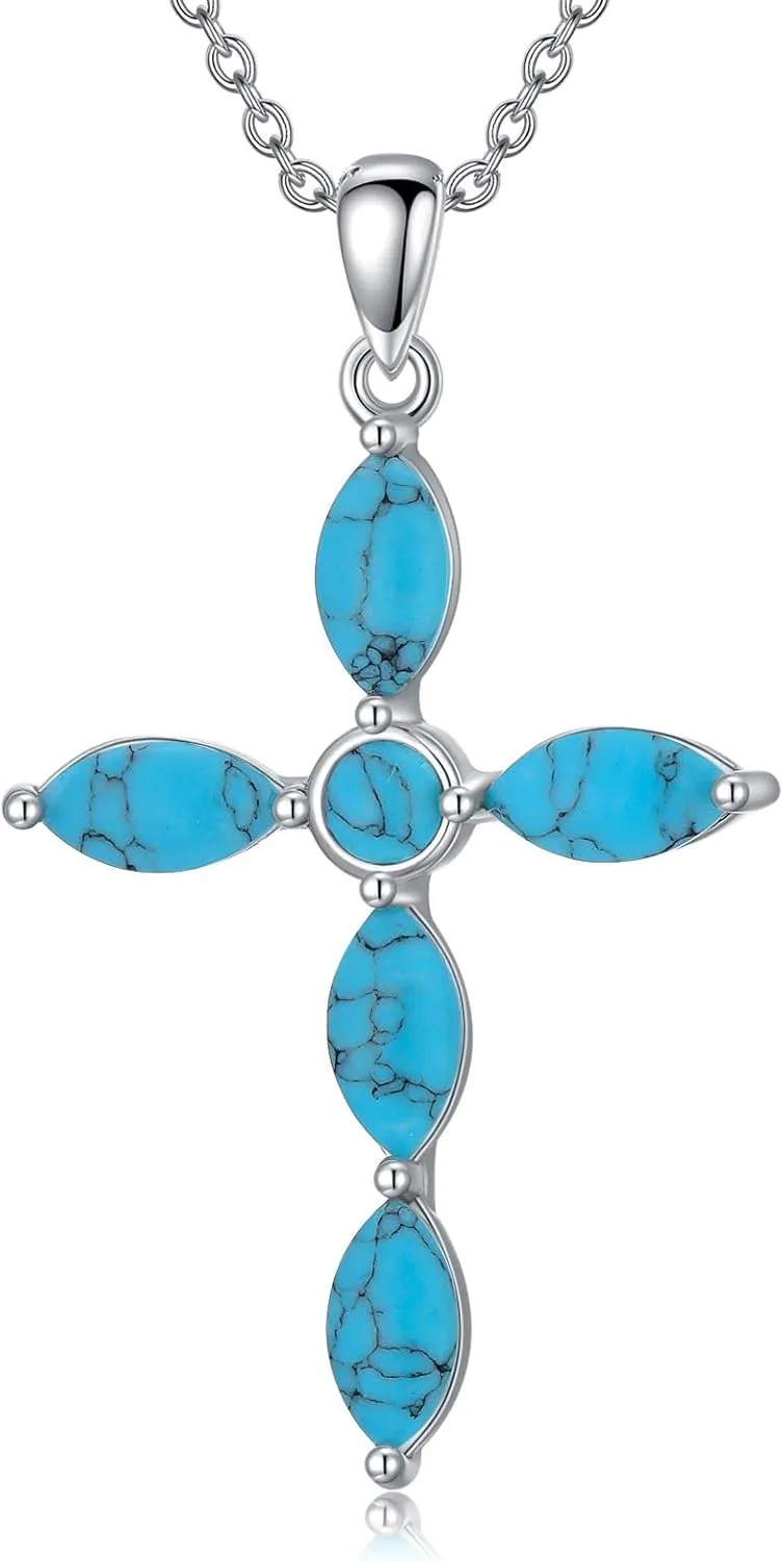 925 Sterling Silver Genuine Turquoise Pendant Necklace Cross Necklace Vintage Boho Necklace Victorian Style Jewelry Gifts for Women Mother