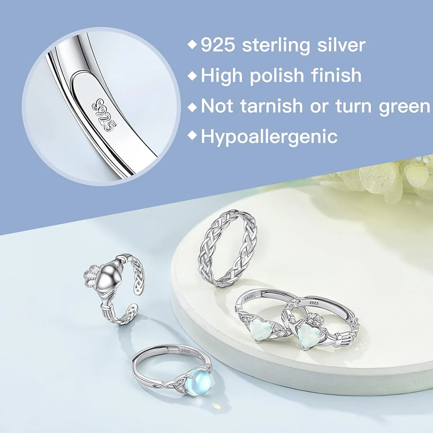 925 Sterling Silver Good Luck Celtic Twisted Knot/Claddagh Heart Birthstone Ring, Thin Delicate Adjustable Promise Engagement Ring Irish Jewelry for Women