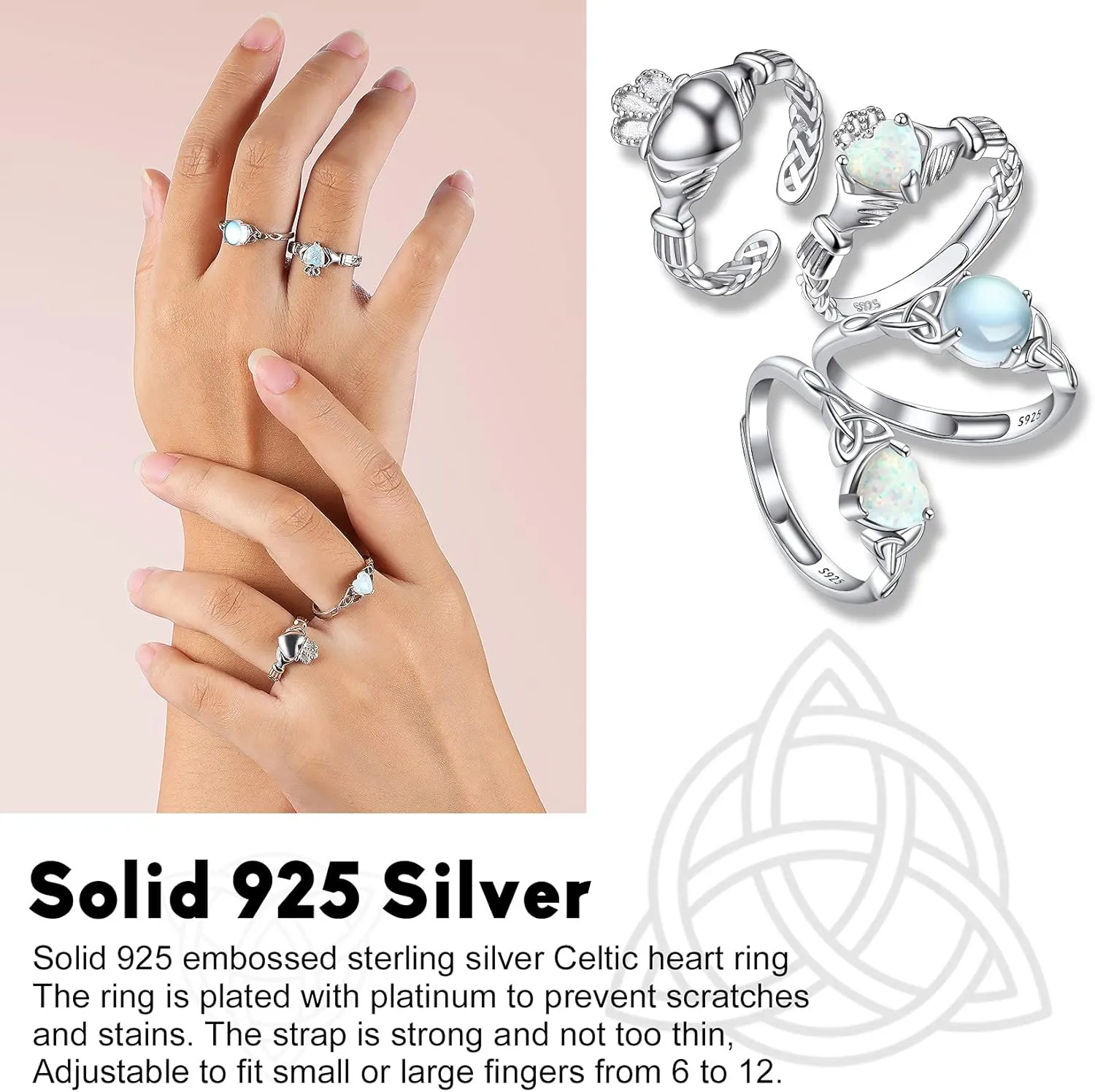 925 Sterling Silver Good Luck Celtic Twisted Knot/Claddagh Heart Birthstone Ring, Thin Delicate Adjustable Promise Engagement Ring Irish Jewelry for Women