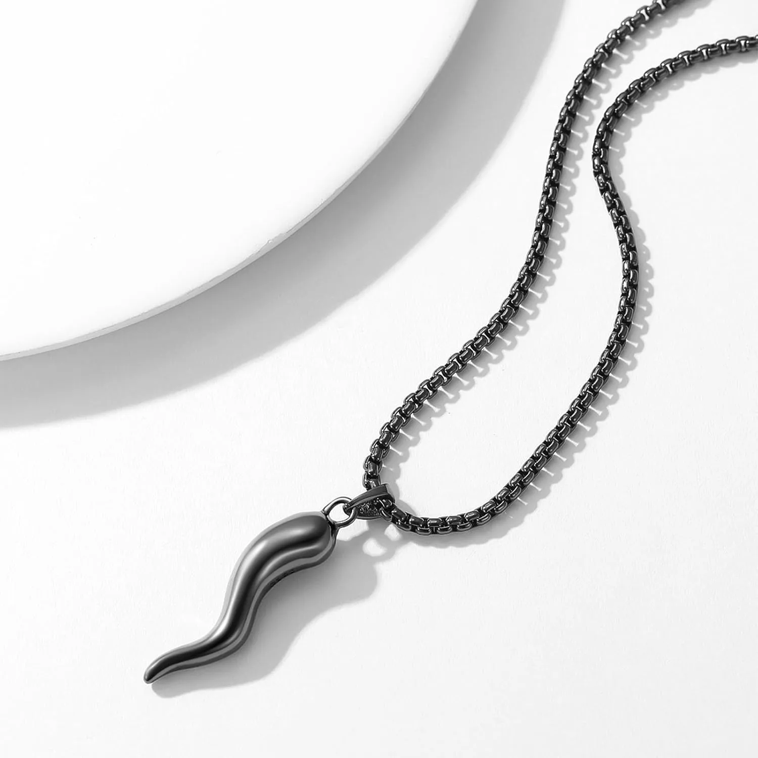 925 Sterling Silver Italian Horn Cornicello Lucky Necklace with Stainless Steel Chain 22" 2"