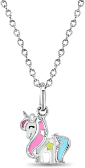 925 Sterling Silver Magical Multicolor Enamel Unicorn Star Pendant Necklace for Little Girls 16" - Enchanting Unicorn Charm Pendant For Girls - Unicorn Jewelry Gifts For Birthdays