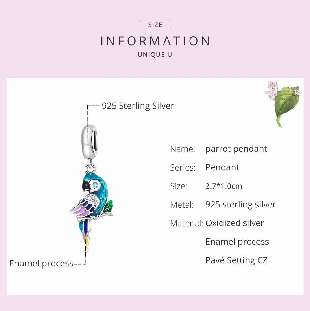 925 Sterling Silver Parrot Pendant For Bracelet Or Necklace