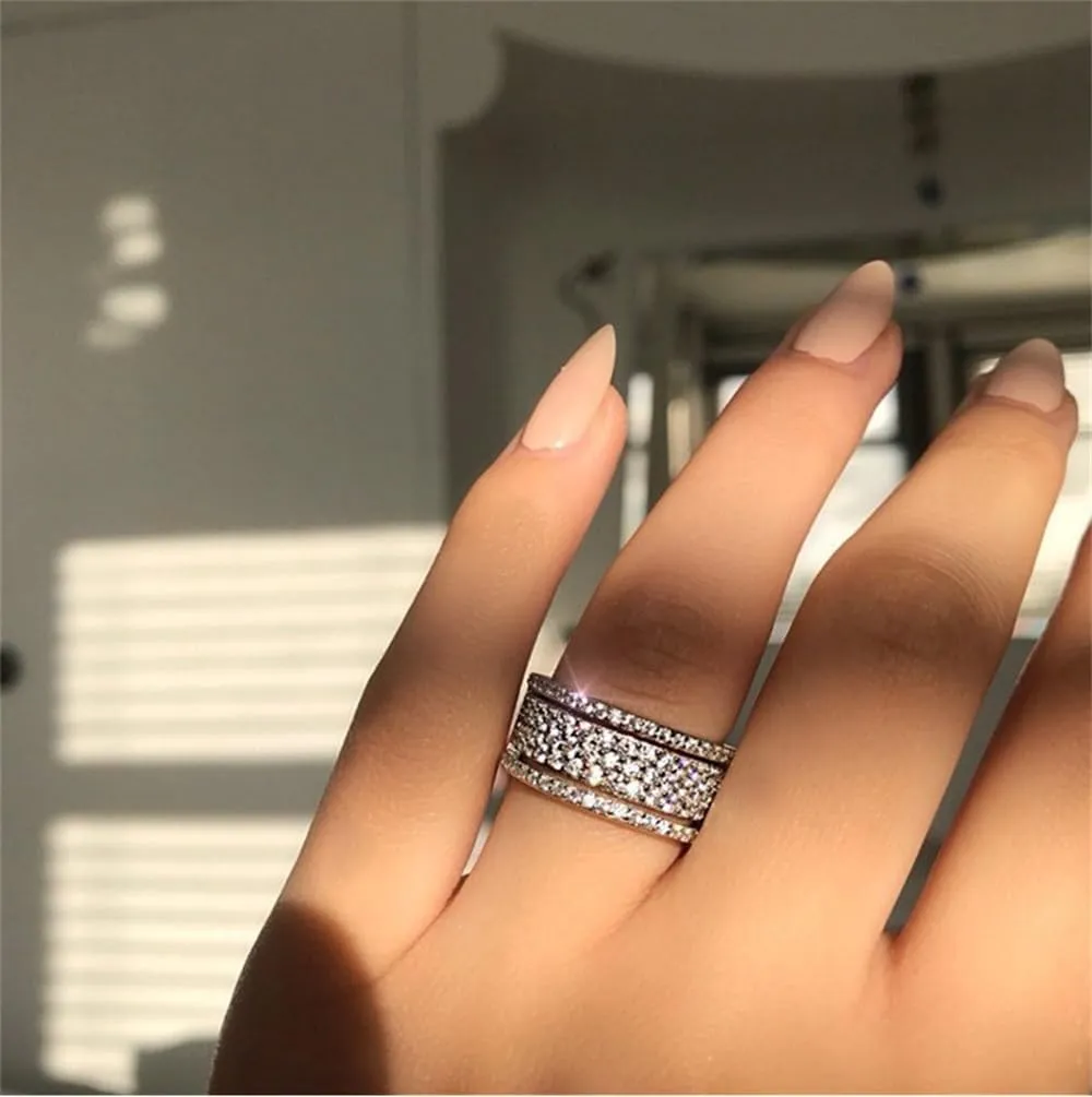925 Sterling Silver Shiny Full Diamond Ring - Cubic Zirconia Multi Row Eternity Engagement Wedding Band for Women (US Code 9)