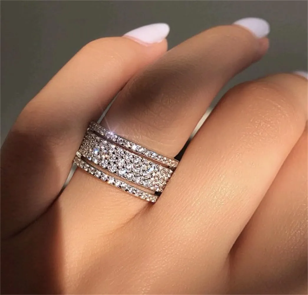 925 Sterling Silver Shiny Full Diamond Ring - Cubic Zirconia Multi Row Eternity Engagement Wedding Band for Women (US Code 9)