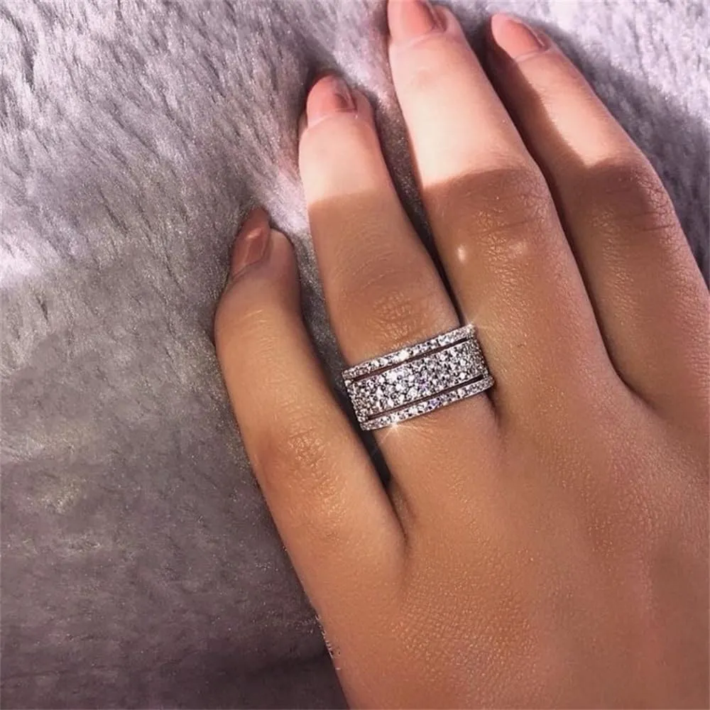 925 Sterling Silver Shiny Full Diamond Ring - Cubic Zirconia Multi Row Eternity Engagement Wedding Band for Women (US Code 9)